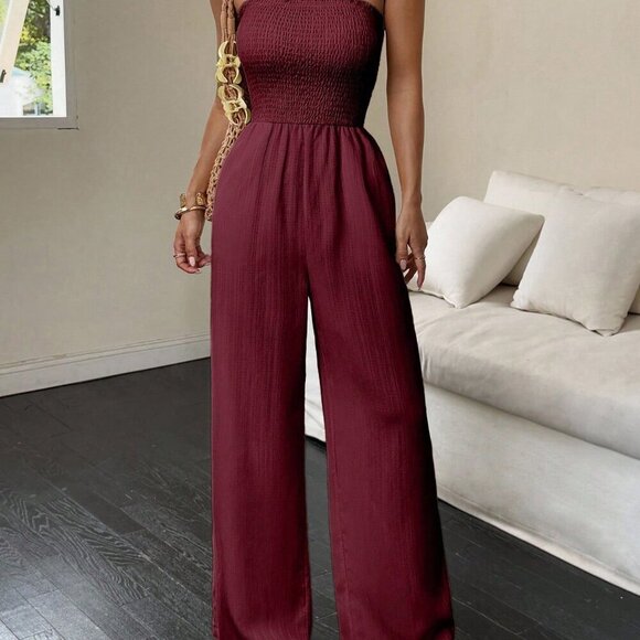 Burgundy Casual Women's Sexy Pleated Off-Shoulder Sleeveless Jumpsuit - Picture 6 of 7